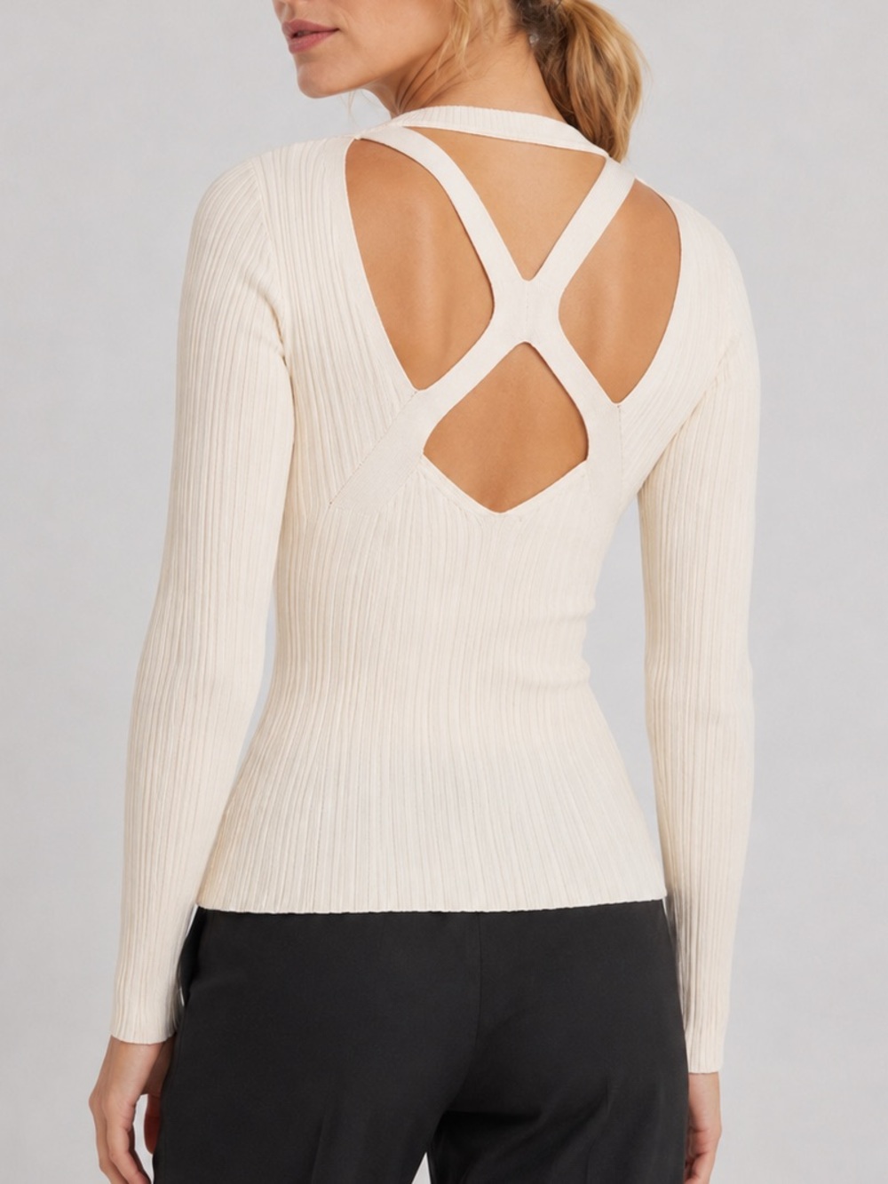 🆕🌾7 For All Mankind Cream Ribbed Knit Top Open Cutout Stretchy Casual Size L